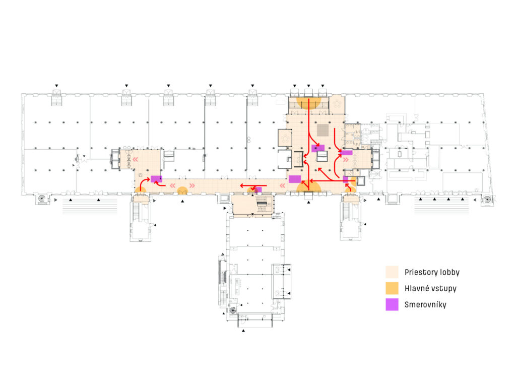 Pohybová mapa a schéma prvkov infosystému v pôdoryse objektu