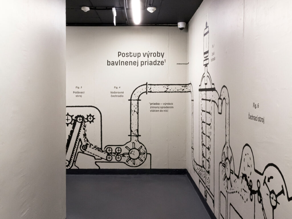 Pohľad na ilustrácie výrobných strojov, prechod do garáže objektu Pradiareň 1900