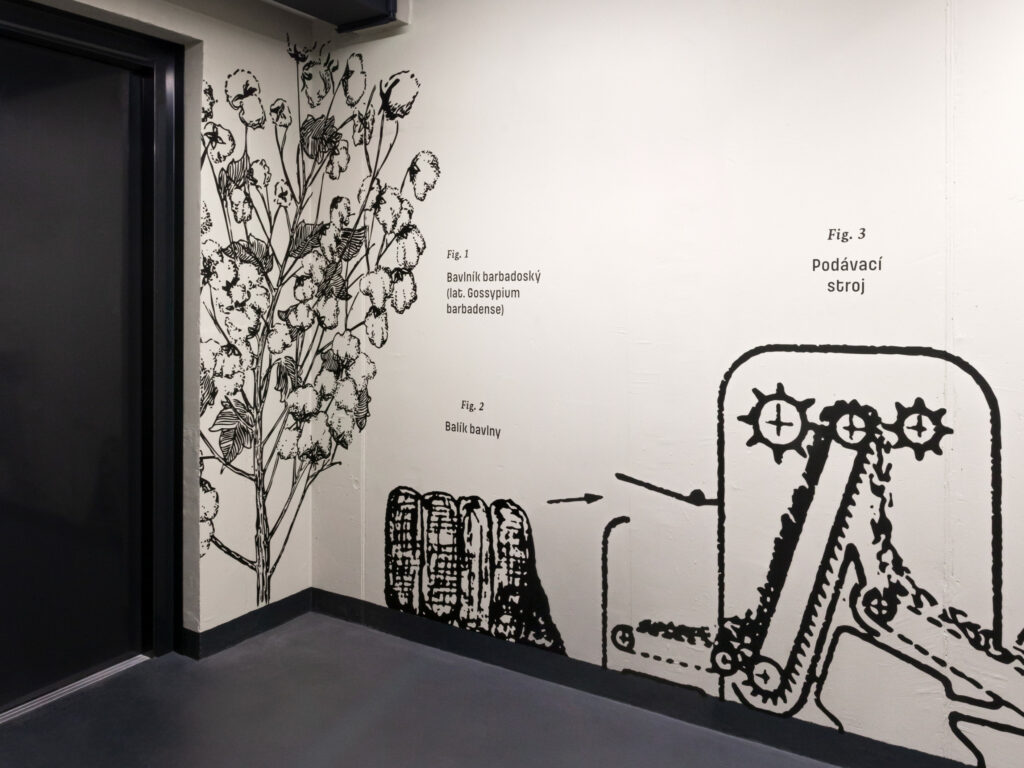 Pohľad na ilustrácie výrobných strojov, prechod do garáže objektu Pradiareň 1900